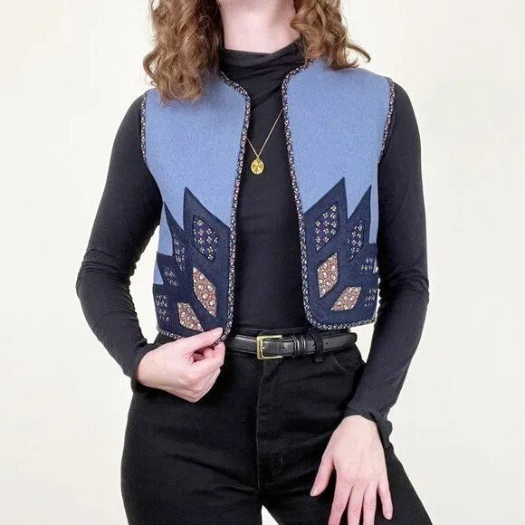 Vintage Handmade Cropped Vest Scandinavian Nordic Floral Print Crop Quilted Boho - Picture 1 of 6